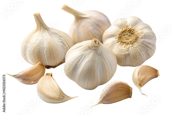Obraz Cloves and bulbs of fresh garlic arranged on a white surface, showcasing their natural texture and color