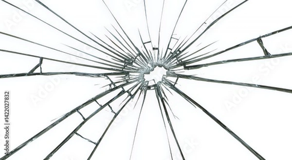 Fototapeta Shattered Skylight Glass Pane with Spiderweb Cracks Isolated on White Background