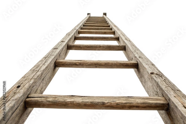 Fototapeta Wooden ladder extends upward against a white background creating a sense of height and perspective, highlighting craftsmanship and simplicity
