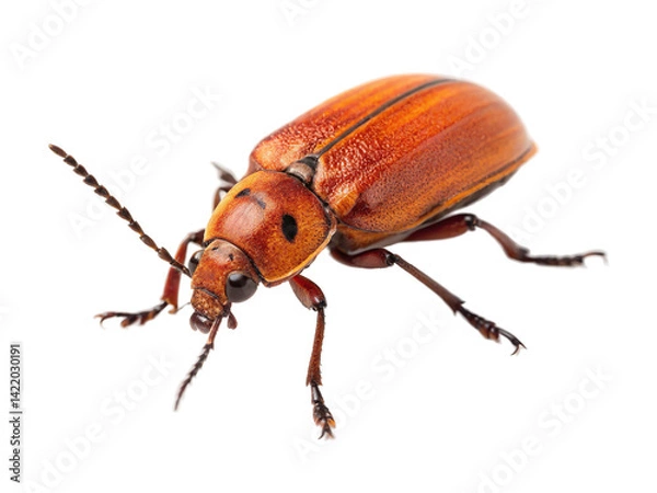 Fototapeta Bright orange beetle with striped patterns on its back crawls across a white surface in a close-up view during daylight