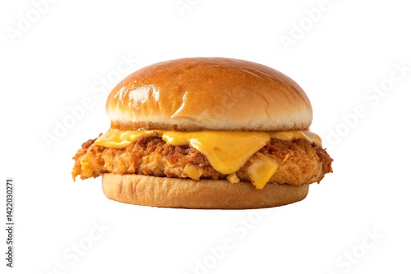 Obraz Crispy chicken sandwich with melted cheese on a soft bun ready to be enjoyed at a casual dining spot