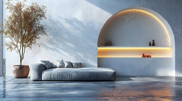 Obraz Desain interior minimalis ruang tamu modern dengan sofa abu-abu di dinding putih, dilengkapi rak dan tanaman di lantai beton. Mock-up latar belakang interior. Lensa sudut lebar, pencahayaan realistis