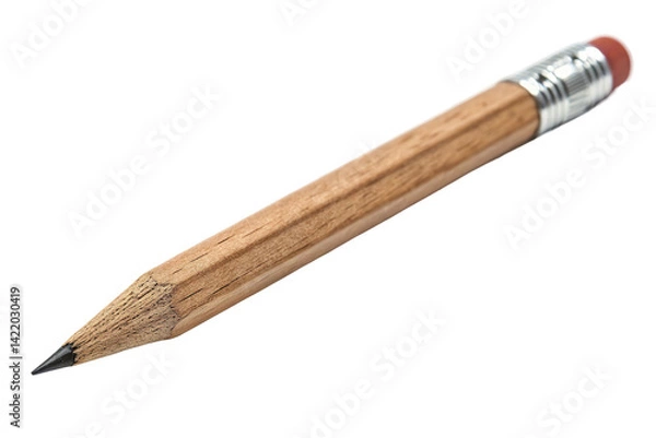 Fototapeta Wooden pencil with a sharpened tip and eraser resting on a white surface, suitable for writing and drawing tasks
