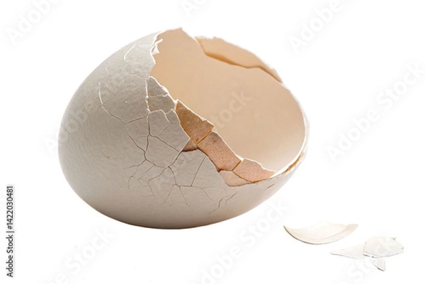 Obraz Cracked egg shell reveals new life within as fragments scatter on a clean surface early in the day