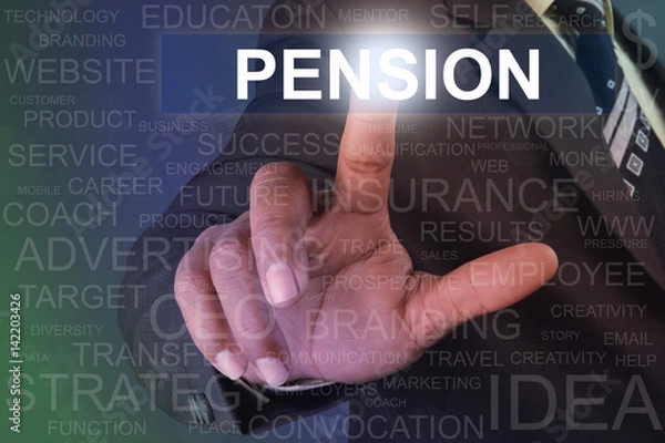 Fototapeta Businessman touching pension button on virtual screen