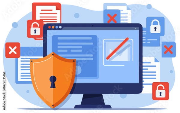 Fototapeta Shield in front of a monitor with locked and restricted documents, illustrating data security.