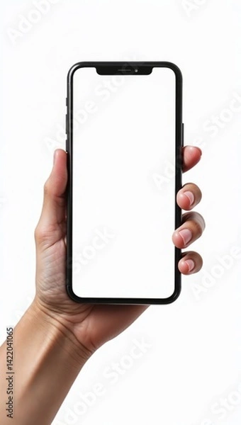 Fototapeta Hand holding smartphone with blank screen on white background