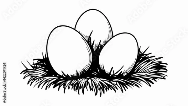 Fototapeta Three eggs nestled in a grassy nest, representing nature's creation and new beginnings, illustrating growth and potential.