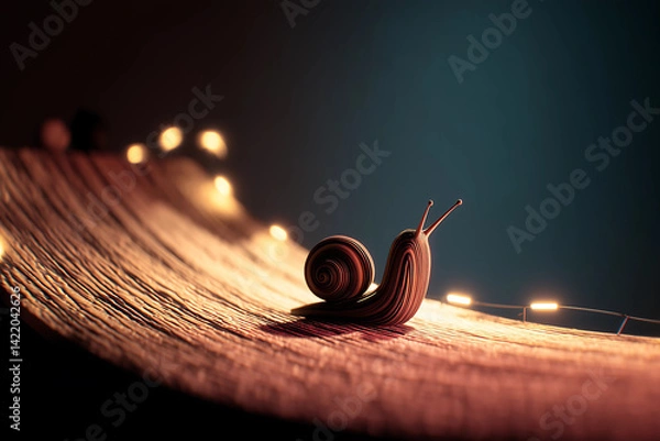 Fototapeta whimsical abstract background features snail gracefully navigating textured surface illuminated by soft lights. scene evokes sense of tranquility and wonder