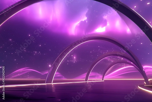 Fototapeta stunning abstract background featuring ethereal arches illuminated by soft purple light. scene evokes sense of wonder and tranquility, with cosmic atmosphere filled with stars