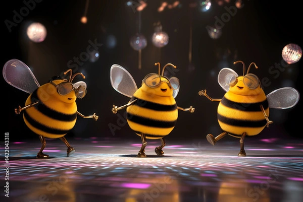 Fototapeta Dancing bees create joyful atmosphere in this vibrant abstract background, showcasing their playful nature and lively spirit. scene is filled with colorful lights and festive vibe