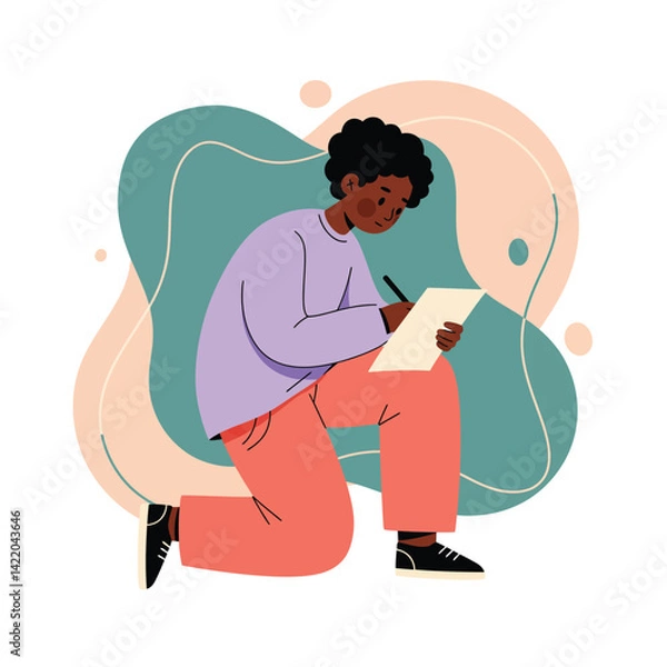 Fototapeta Young person writing on paper with pen kneeling in casual clothing with abstract background in soft colors 
