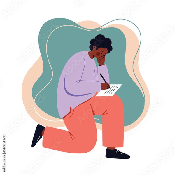 Fototapeta Person in purple top and coral pants writing on paper with thoughtful expression on abstract background