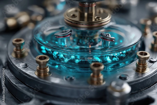Obraz Quantum computer core glows cold blue with suspended qubits and superconducting energy