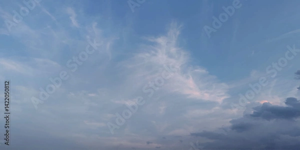 Obraz Blue sky clouds background. Beautiful landscape with clouds and orange sun on sky. Panorama top of clouds and blue sky background. Beautiful blue sky with clouds.	
