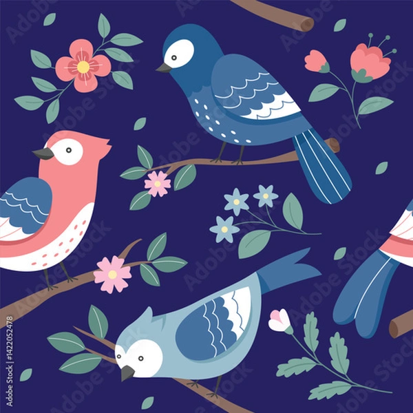 Fototapeta Vector spring birds seamless pattern background