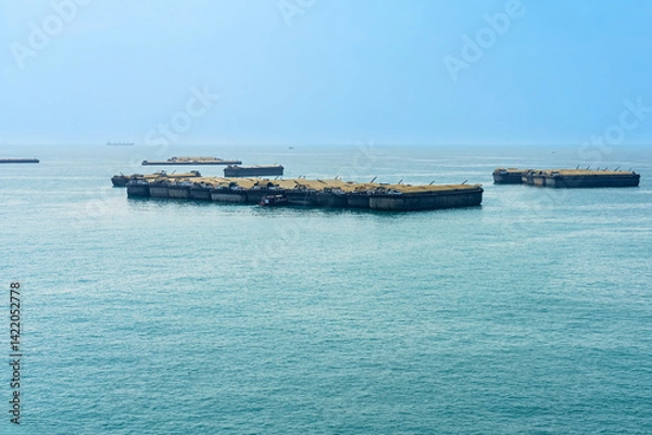 Obraz Large cargo barge in sea. Large tugboat anchored to avoid monsoon storm at back of island. Tugboat cargo carry products. Importance of river transport in transporting goods and developing economy.