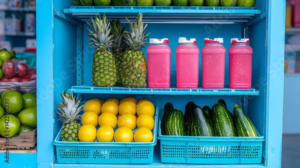 Fototapeta Brightly Lit Produce Display: Pink Smoothies, Pineapples, Oranges and Avocados in Blue Refrigerator