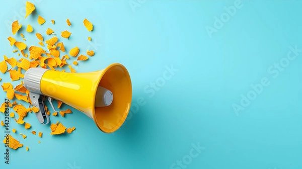 Fototapeta Broken Yellow Megaphone on Blue Background
