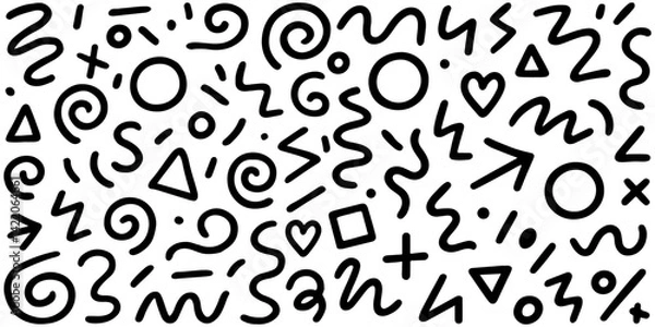 Fototapeta Hand-drawn black abstract doodles including swirls, arrows, and geometric shapes on a white seamless background, ideal for design projects. Vector illustration