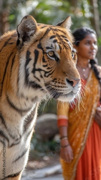 Obraz A tiger is standing in front of a woman wearing an orange sari