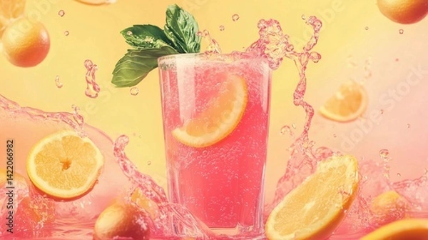 Fototapeta A glass of pink lemonade with a green leaf in it. The drink is splashing out of the glass and onto the table