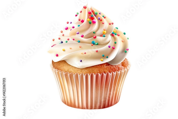Fototapeta A delightful vanilla cupcake topped with swirls of creamy frosting and colorful sprinkles, a sweet treat perfect for any celebration, shown in sharp, vibrant detail.