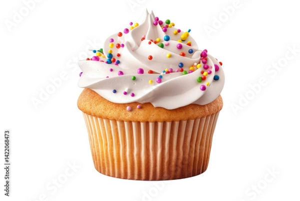 Fototapeta A delightful vanilla cupcake topped with swirls of creamy frosting and a rainbow sprinkle explosion against a pure white background.
