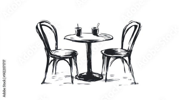 Fototapeta Cafe table and chairs sketch, outdoor seating, simple design, background
