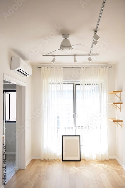 Fototapeta bright minimalist room interior with sunlight streaming through sheer curtains