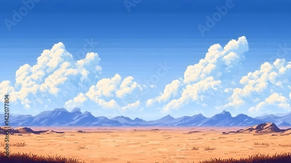 Fototapeta Vast Desert Landscape Under a Sunny Sky with Fluffy White Clouds and Distant Mountains