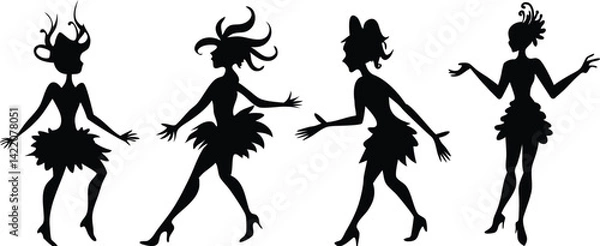 Fototapeta Stylized Dancing Silhouettes with Feather-Like Skirts and Unique Poses