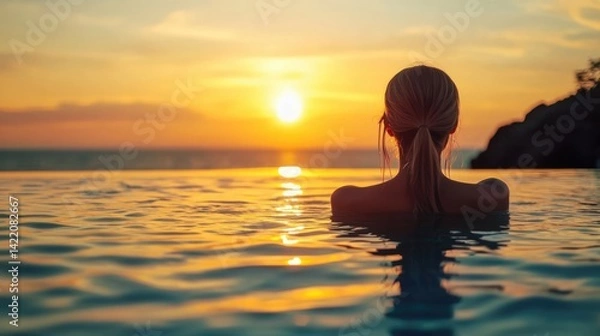 Fototapeta Serene sunset view with a person in an infinity pool.