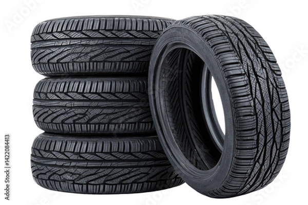 Fototapeta A stack of sturdy, reliable new car tires ready for the open road, showcasing deep tread and a robust design against a bright white background.