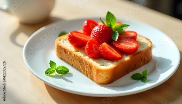 Fototapeta A slice of toast on a white plate. The toast is golden brown and appears to be freshly baked. On top of the toast, there are fresh strawberries arranged in a circular pattern. 
