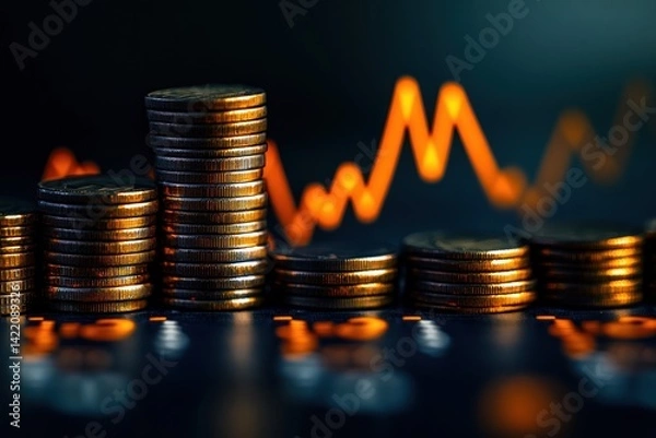 Obraz Stacks of coins are shown with an upward trending line graph in background.