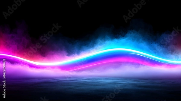 Obraz Abstract Neon Wave with Pink and Blue Lights in Dark Smoky Background