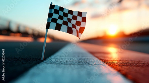 Obraz Checkered Flag at Sunset Finish Line
