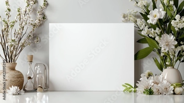 Fototapeta Elegant White Vase with Colorful Flowers and Blank Paper on Table