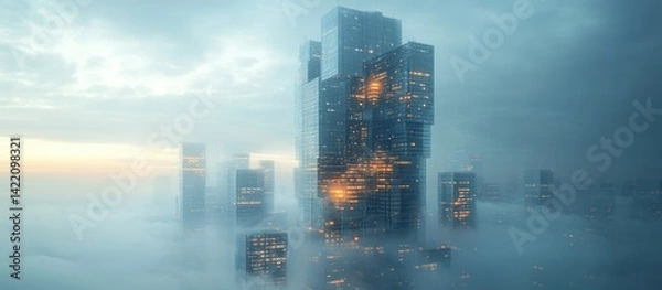 Fototapeta Futuristic Cityscape: Skyscrapers Emerging from Clouds
