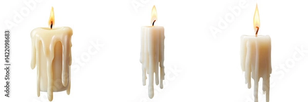 Fototapeta A set of close-up burning white candles with wax dripping down, isolated on a transparent background