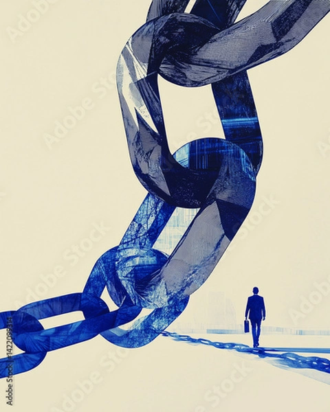 Fototapeta Petite silhouette d'un travailleur en costume devant une immense chaîne, dessin à l'encre bleue sur fond beige : esclavage moderne