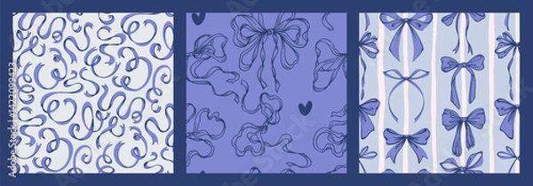 Fototapeta Blue Ribbon Bow Seamless Pattern Set. Hand-Drawn Rococo Soft and Feminine Backgrounds. Romantic, Coquette Design. Perfect for Fabric, Stationery, Wrapping, and Digital Projects.