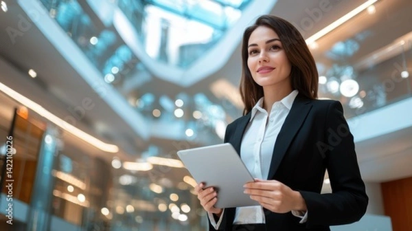 Fototapeta Businesswoman networking in a hotel lobby tablet in hand modern workspace professional environment confident stance