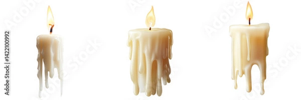 Fototapeta A set of close-up images of white candles with gentle wax drips, isolated on a transparent background