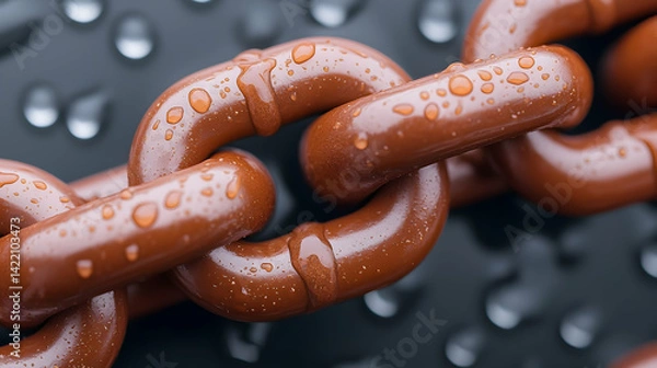 Obraz Close-Up of Rusty Brown Metal Chain Links with Shiny Surface and Water Drops