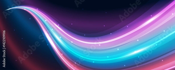 Fototapeta Abstract vector background with glowing light waves in blue, purple, and pink. Curved shapes and gradient effects create a dynamic, futuristic design for digital art, banners, or posters.