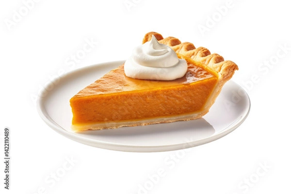 Fototapeta A slice of warm, comforting pumpkin pie topped with a dollop of fluffy whipped cream, perfect for autumn celebrations on a simple white plate.