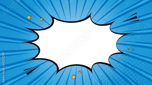 Fototapeta Comic pop art style, blue background with white space in the center of explosion shape with stars, vector illustration. Halftone dynamite effect, cartoon book style, flat design.