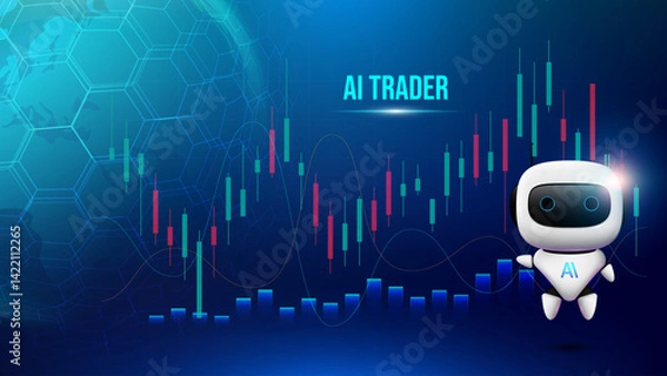 Fototapeta Artificial intelligence technology AI trading robot and candlestick chart background. AI trade system for the stock market. Banner for financial technology digital marketing. Vector illustration.